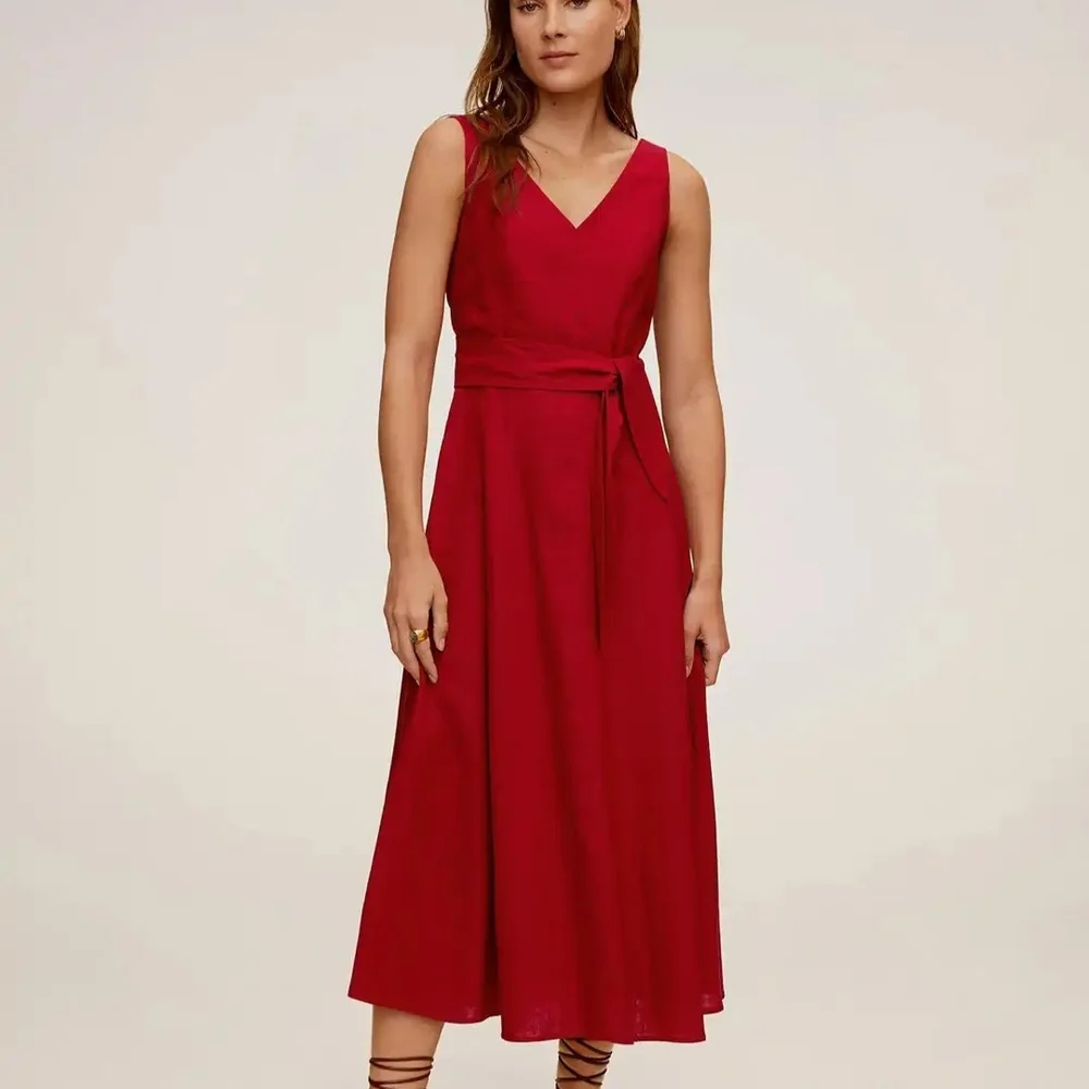 Mango Red V-Neck Midi Dress with Waist Tie - Picture 1 of 7